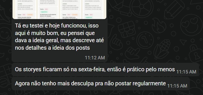 Feedback real dizendo que o LOUMI descreve a ideia dos posts em detalhes e ajuda a postar regularmente