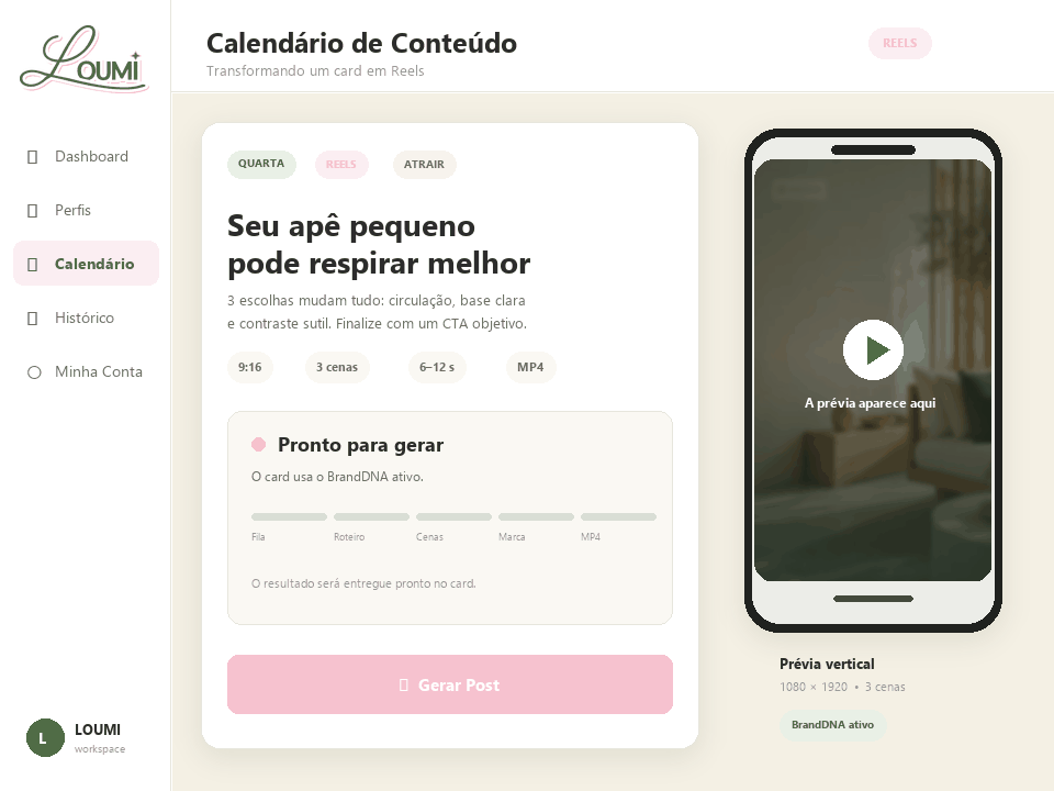 Fluxo real do Gerador de Reels na LOUMI